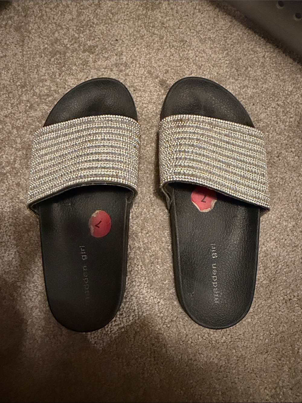 Madden Girl Black Slide Sandals with Crystal-Embellished Strap